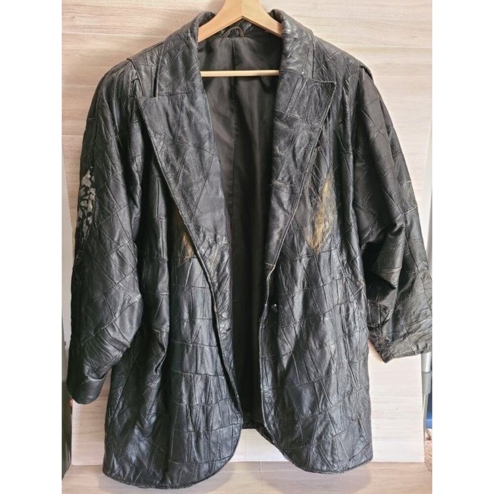 Vintage Patchwork Leather Jacket Womens Oversized Quilted Coat Boho 80s 90s Blac